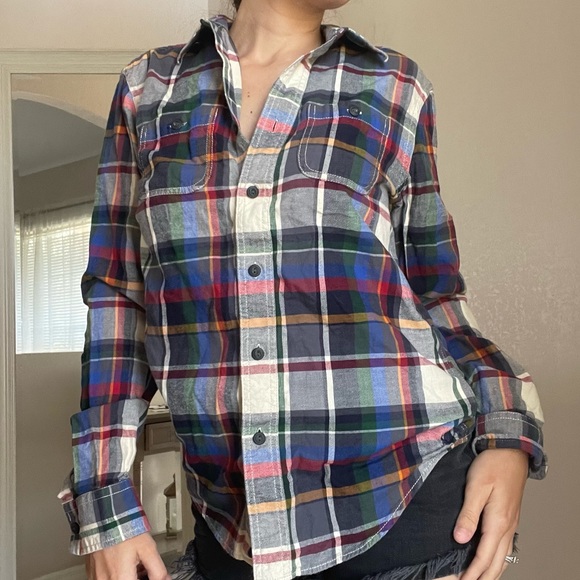 💛American Eagle 🦅 Rainbow Flannel Colorful Button Down Size Small - Picture 7 of 12